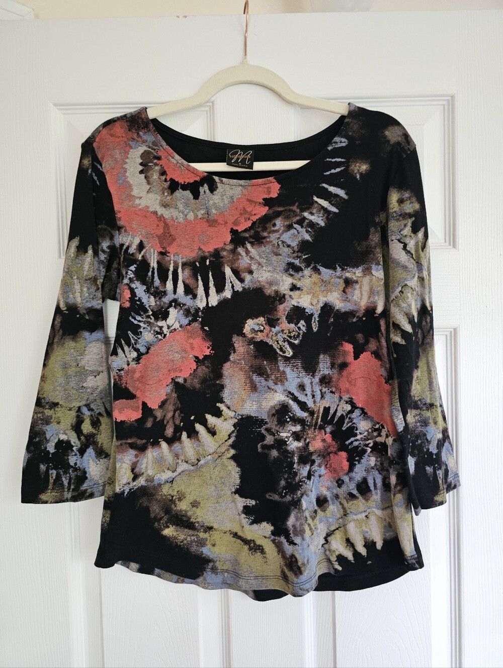 Katina Marie Whimsigoth Tie Dye Knit Top - Coral Olive Black 3/4 Sleeve